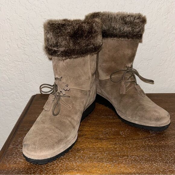 Stuart Weitzman Sockette Suede Leather Faux Fur Wedge Boot Shoes - Picture 1 of 12